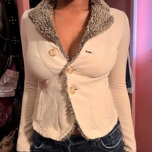 Women's Cream fleece Jacket with Faux Fur Collar